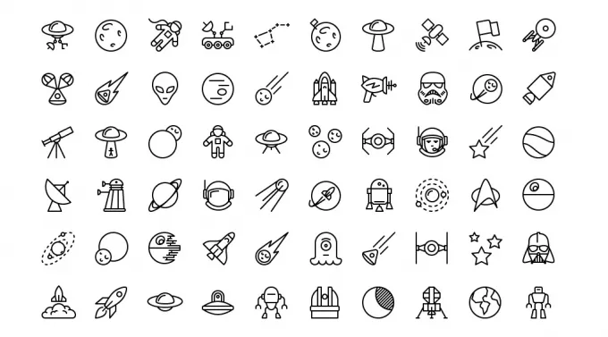 Монохромные черно-белые иконки на тему космоса в формате PNG, AI, ESP