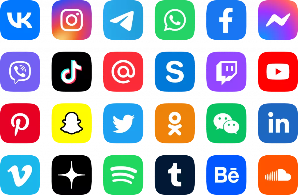 24 иконки соцсетей, месенджеров и популярных сервисов