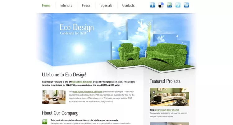 Красивый HTML5 шаблон сайта для компании экологичного дизайна интерьеров