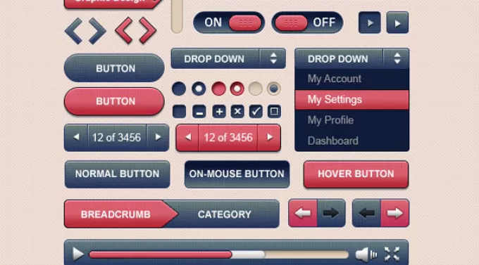 Графический интерфейс в PSD формате: меню, кнопки, чек-боксы в одной стилистике